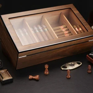 Wood Humidor Box with Glass Top and Lacquer Technique Cigar Storage Case